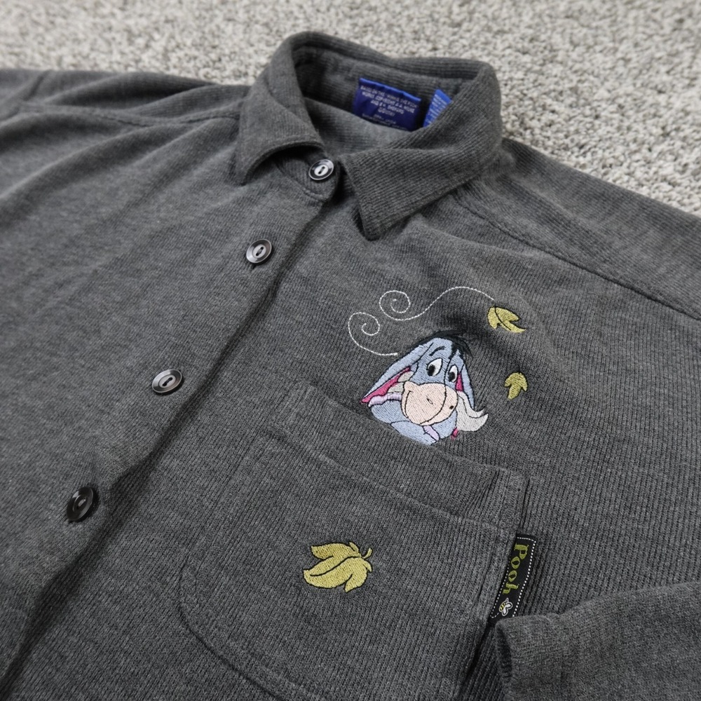 VTG Disney Jacket Womens L Gray Pooh Eeyore Knit Collared Sweater Shirt Shacket
